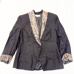 Alicia Mugetti Silk Black Patterned Lapel 1-Button Dress Blazer Size Medium